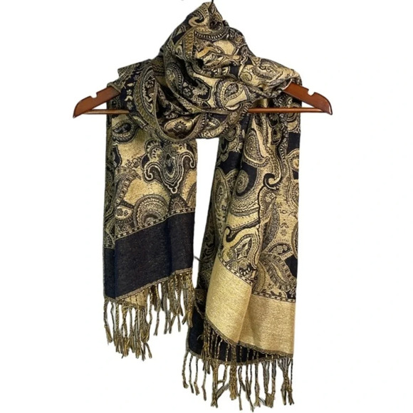 VINTAGE Paisley Print Gold Navy Metallic Fringed Rectangular Scarf Wool Feel - Picture 2 of 7